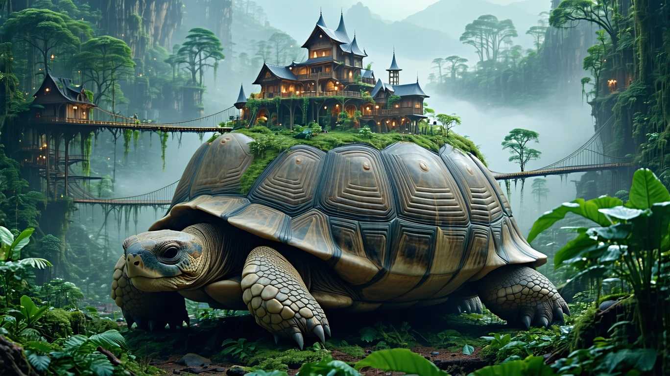 Scene of a giant ancient tortoise with a fantasy city built on its back. The tortoise’s shell is covered in lush, dense forest with towering trees and a hidden, misty village nestled in the foliage. The city consists of intricately designed buildings that blend seamlessly with the natural environment, featuring rope bridges connecting different sections of the city
