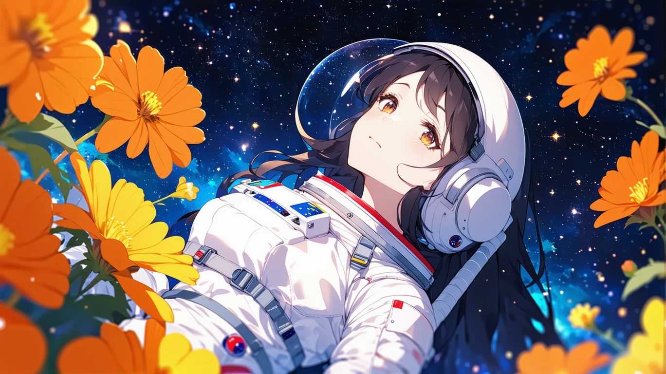 a captivating anime-style illustration of a young woman in a white astronaut suit. She has long, dark wavy hair. Surrounding the astronaut are vibrant orange flowers with yellow centers. The background itself is a mesmerizing night sky filled with countless stars
