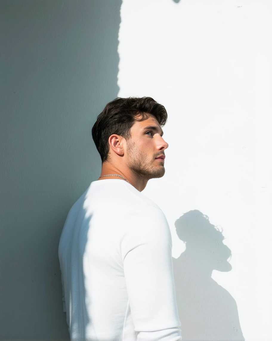 a portrait of a man standing in front of a white wall. His gaze is directed to the right, looking towards something beyond the frame
