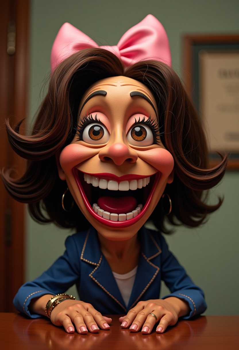 This image features a puppet with a highly stylized and exaggerated appearance, reminiscent of a caricature. The puppet is designed to resemble Kamala Harris, with a large, toothy grin and a voluminous wig with a pink bow on top. The lighting in the room is soft and even, casting no harsh shadows and highlighting the puppets features without creating any distracting highlights or shadows.The art style of the puppet is cartoonish, with a focus on exaggerated facial expressions and a playful, whimsical aesthetic. The puppets design is not realistic, with features like the oversized mouth and cheshire cat grin.