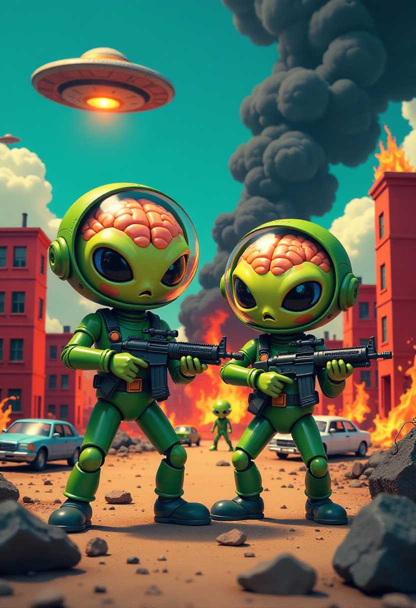 Alien Invasion Two Green Aliens with Guns in a Cityscape
