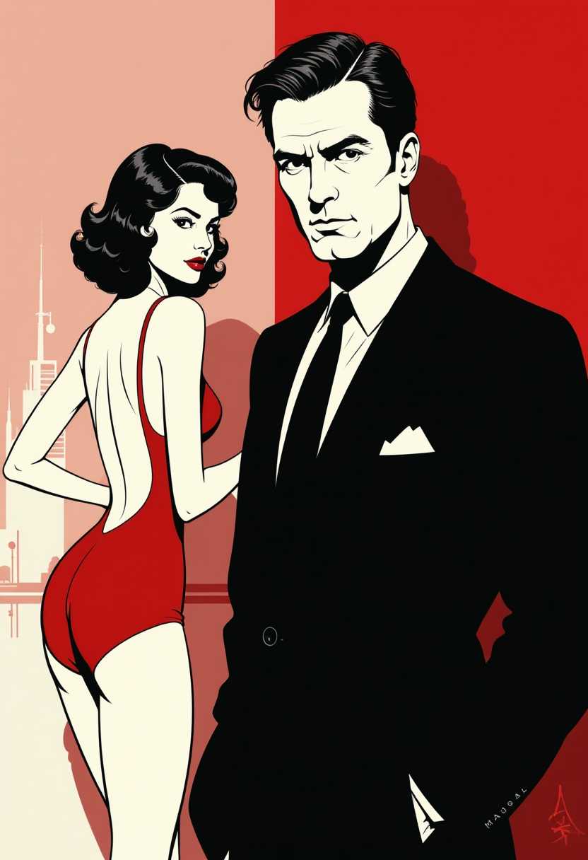 This image is a stylized illustration, predominantly in black and red with a few shades of white. The art style is reminiscent of mid20th century comic book art, with bold outlines and a dramatic interplay of light and shadow. The medium appears to be digital, given the clean lines and lack of texture. The man in the foreground is wearing a suit and tie.The objects in the image are quite minimalistic. The man is wearing a classic suit and tie, with a pocket square visible. His hair is dark and slicked back, and his expression is serious and brooding. The woman in the background is wearing a short, flirty dress with a high slit, and her hair is styled in a voluminous, curly fashion. Theres a sense of movement in her pose, as if shes caught in the act of turning around. The background is nondescript, with a few abstract shapes that could be interpreted as a cityscape or a night sky.
