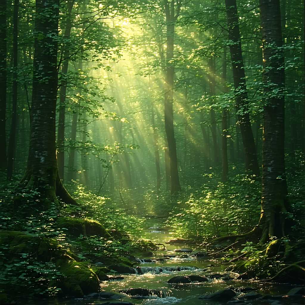 **Title**: "Mystic Forest Awakening"

**Visual Details**: Imagine a lush, enchanting forest bathed in the golden light of dawn. The towering trees, with their vibrant green leaves, are covered in a delicate sheen of morning dew. Sunlight filters through the dense canopy, casting dappled light patterns on the forest floor. A gentle mist swirls around the tree trunks, adding an ethereal quality to the scene.

**Style**: This image should be captured in the style of a romantic landscape painting, reminiscent of the works of the Hudson River School, characterized by its detailed portrayal of nature and its atmospheric use of light.

**Composition**: The scene is framed with a balanced composition; the tallest trees stand gracefully along the sides, guiding the viewer's eye towards a central clearing. In this clearing, a small stream can be seen winding through the undergrowth, glistening under the sun's rays. The camera angle should be at eye level, allowing for an immersive perspective that invites the viewer to step into the forest.

**Mood and Atmosphere**: The mood is serene and awe-inspiring, capturing the forest’s tranquil beauty as it transitions from night to day. The ambiance is peaceful, with the soft sounds of rustling leaves and