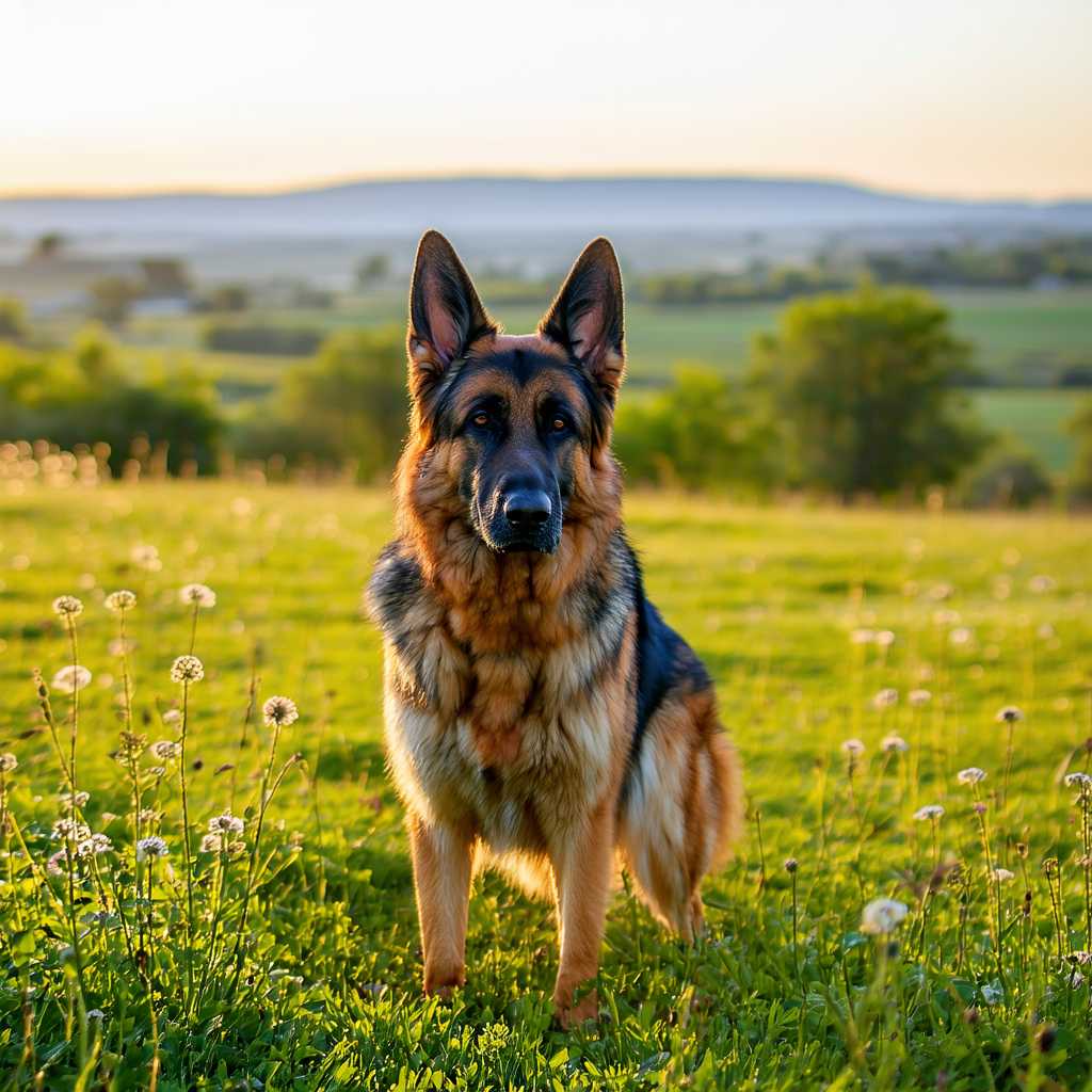 A majestic German Shepherd standing proudly on a lush grassy field during golden hour, bathed in the warm, soft light of the setting sun. The dog's coat glistens with various shades of tan and black, highlighting its muscular build and expressive eyes, which reflect a sense of loyalty and intelligence. Behind the German Shepherd, a backdrop of tall, gently swaying wildflowers and distant rolling hills adds depth to the scene. The sky is painted in a gradient of oranges and pinks, suggesting a calm, peaceful evening. Capture this scene in the style of hyper-realistic wildlife photography, focusing on the sharpness of the dog's features and the vibrant natural colors. Use a slightly low angle to convey the dog's imposing presence, with a shallow depth of field to gently blur the background, drawing attention to the subject.