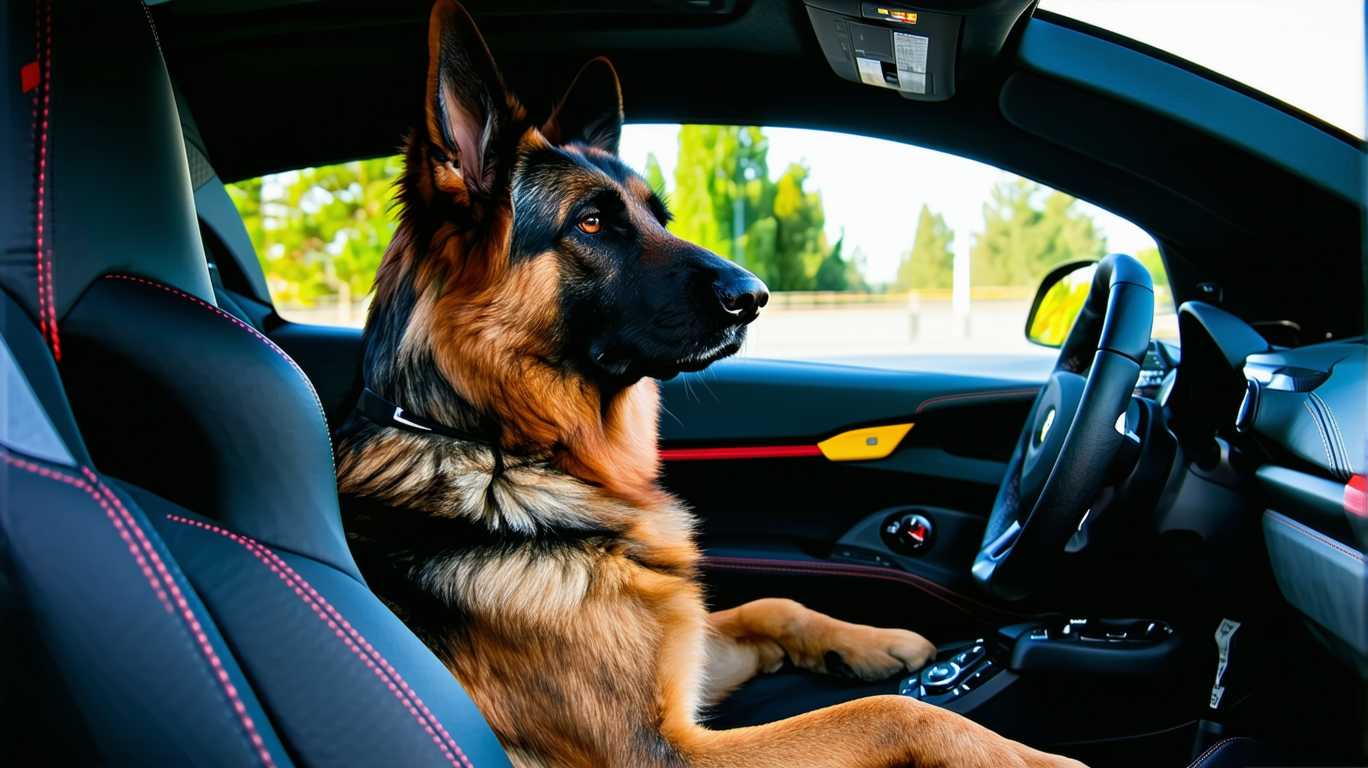 a german shepherd driving a ferrari
