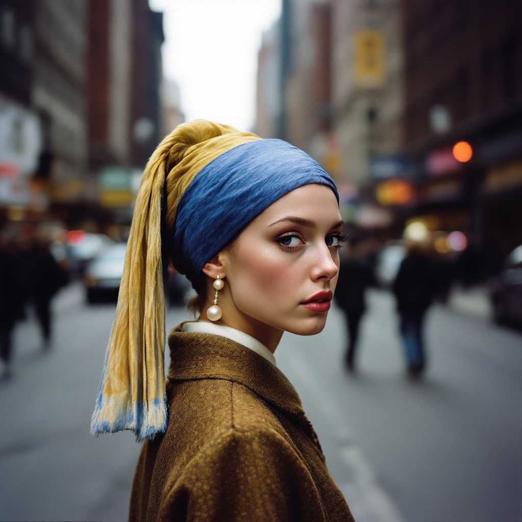 girl with the pearl earring by vermier became real girl and is walking in the street of New York, 70s style photo, Kodak