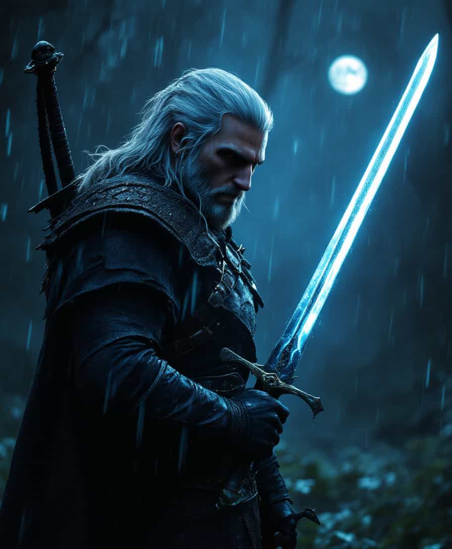 Geralt of the Witcher 3 The Wild Hunt, Wielding a Glowing Sword in a Rainy Forest