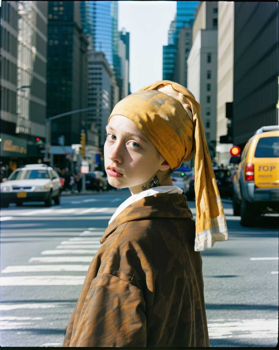girl with the pearl earring by vermier became real girl and is walking in the street of New York, 70s style photo, Kodak