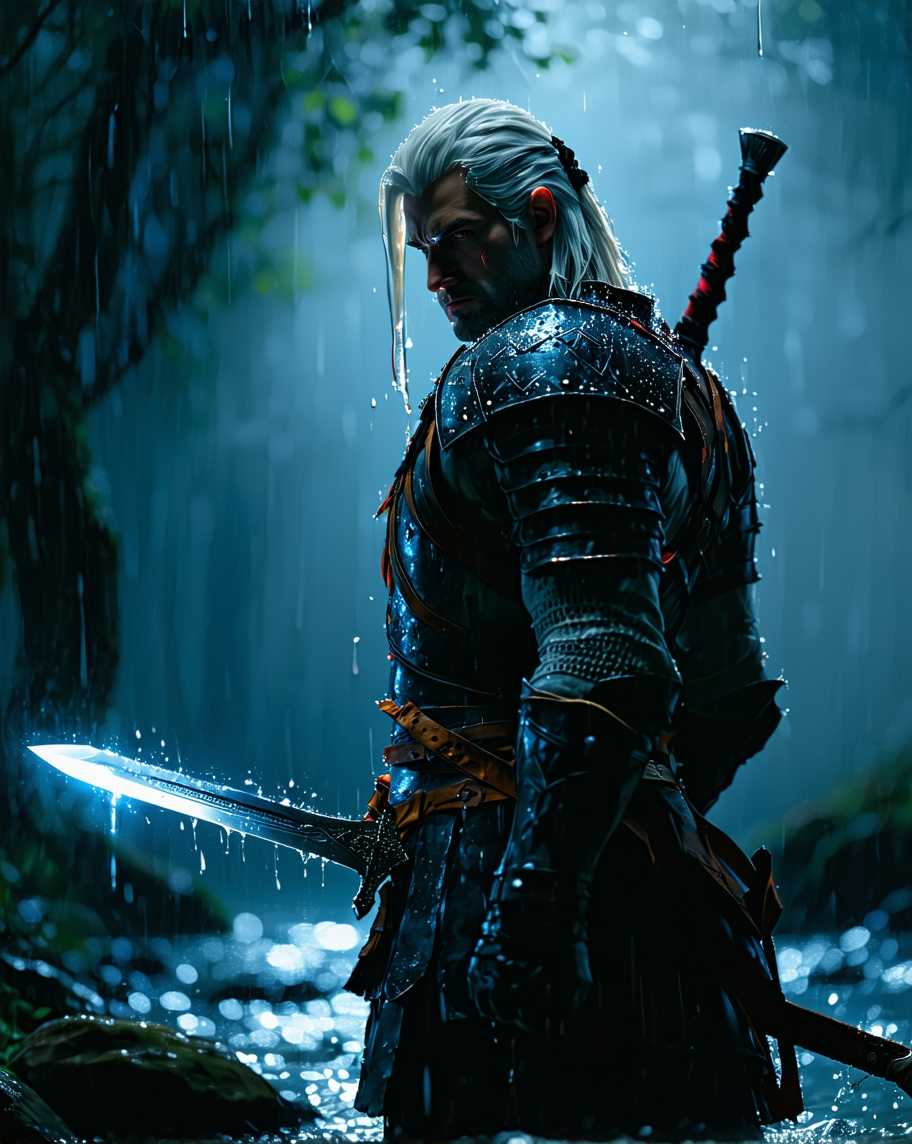 dark portrait of the Witcher Geralt standing in the rain with his sword shining in the moonlight, light and shadows, dramatic lighting, photorealistic, exquisite detail