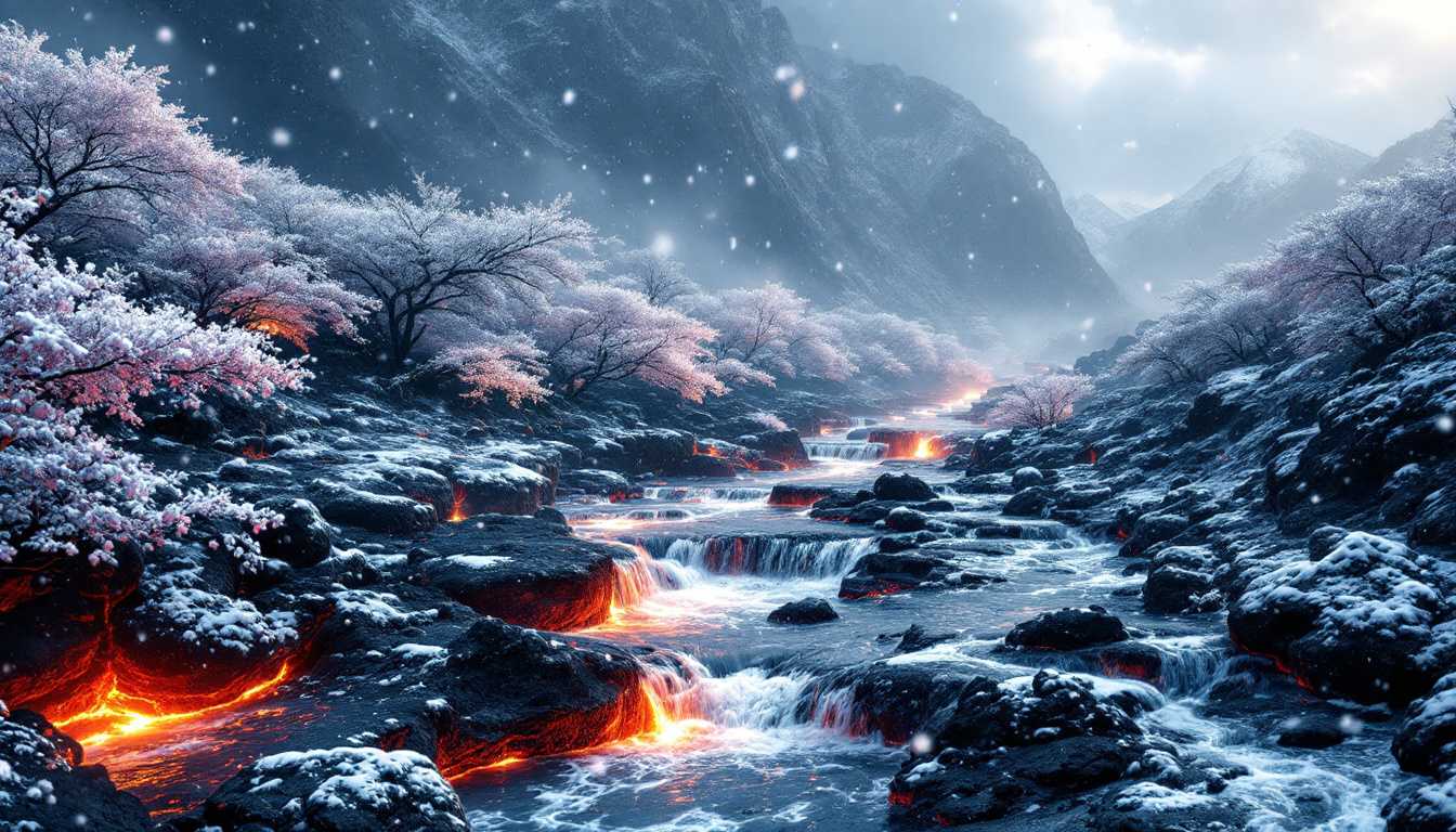 panoramic photo, lava river flowing on the black earth, the shores are beautiful sakura gardens, heavy snow falling, captured in slow motion, beautiful, calm and passionate, contrast, light and shadow, fire and snow, ultra realistic render, epic movie scene