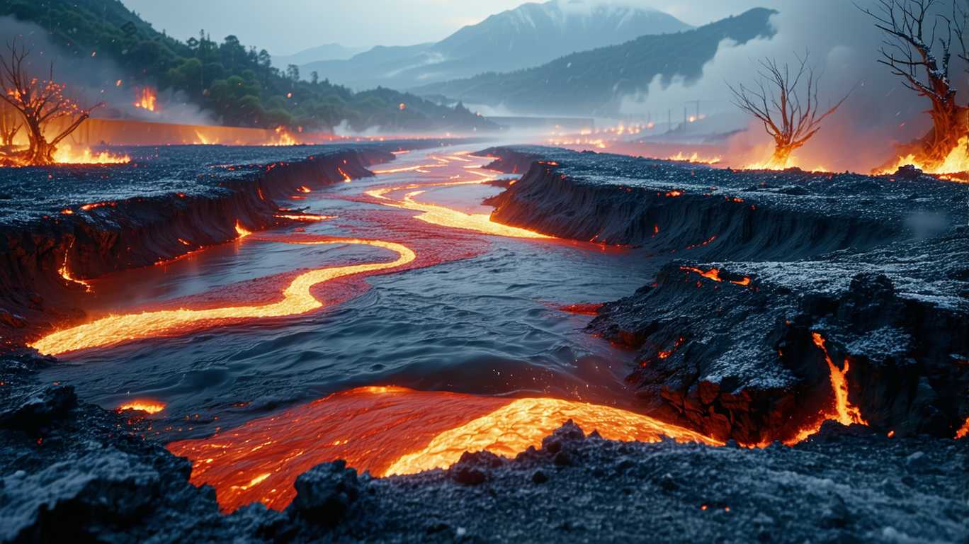 panoramic photo, lava river flowing on the black earth, the shores are beautiful sakura gardens, heavy snow falling, captured in slow motion, beautiful, calm and passionate, contrast, light and shadow, fire and snow, ultra realistic render, epic movie scene