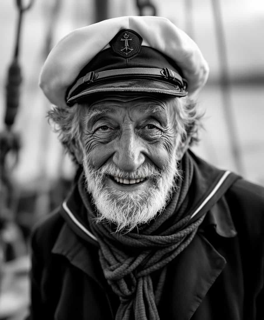 black and white portrait of an old but happy french sailor, 50mm photography, canon eos
