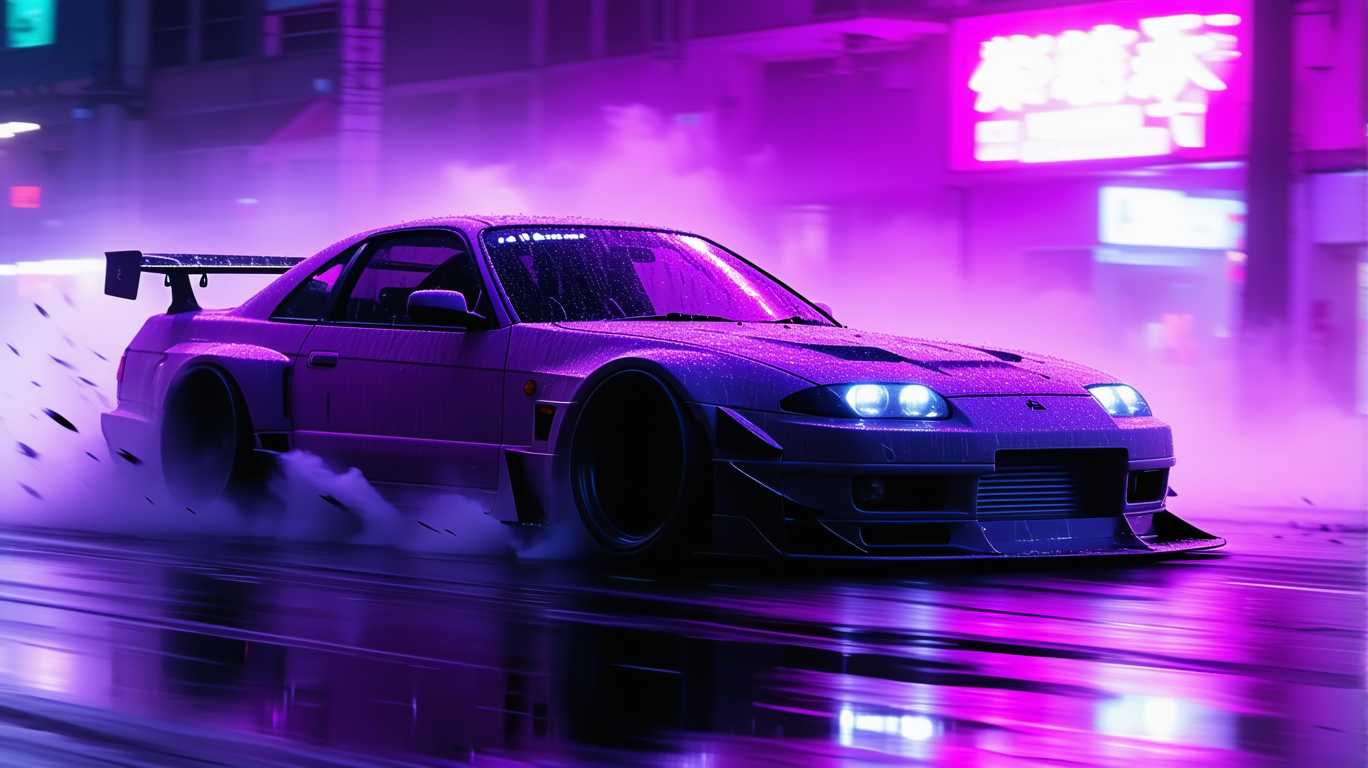 drifting Nissan zx, violet neon lighting under the car, dynamic Tokio street photo

