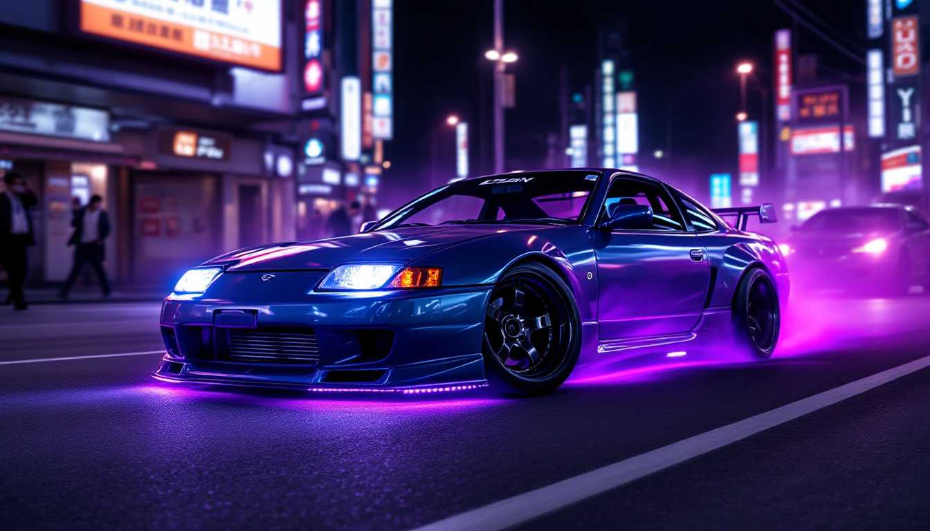 drifting Nissan zx, violet neon lighting under the car, dynamic Tokio street photo
