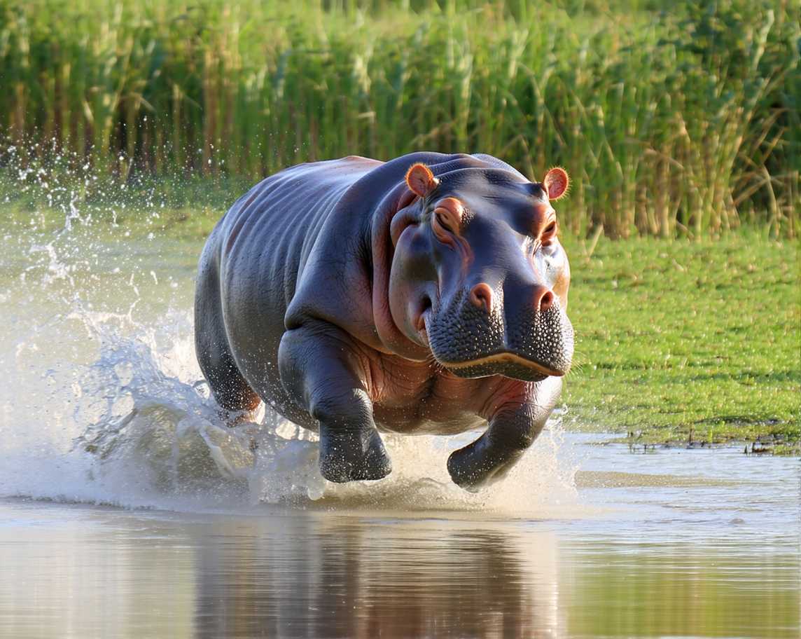 hippopotamus in savanna running fast, dynamic nature photo
