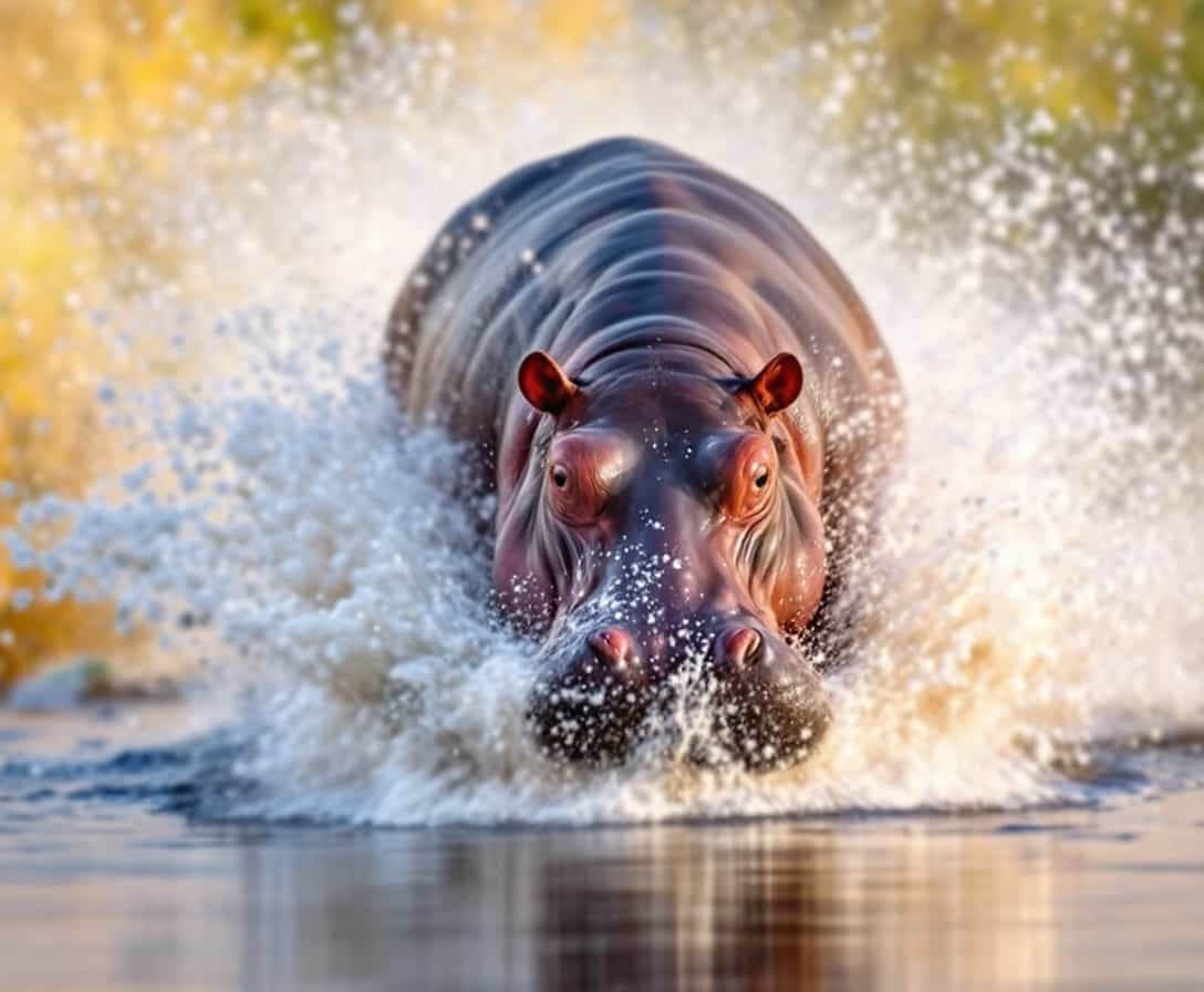 hippopotamus in savanna running fast, dynamic nature photo
