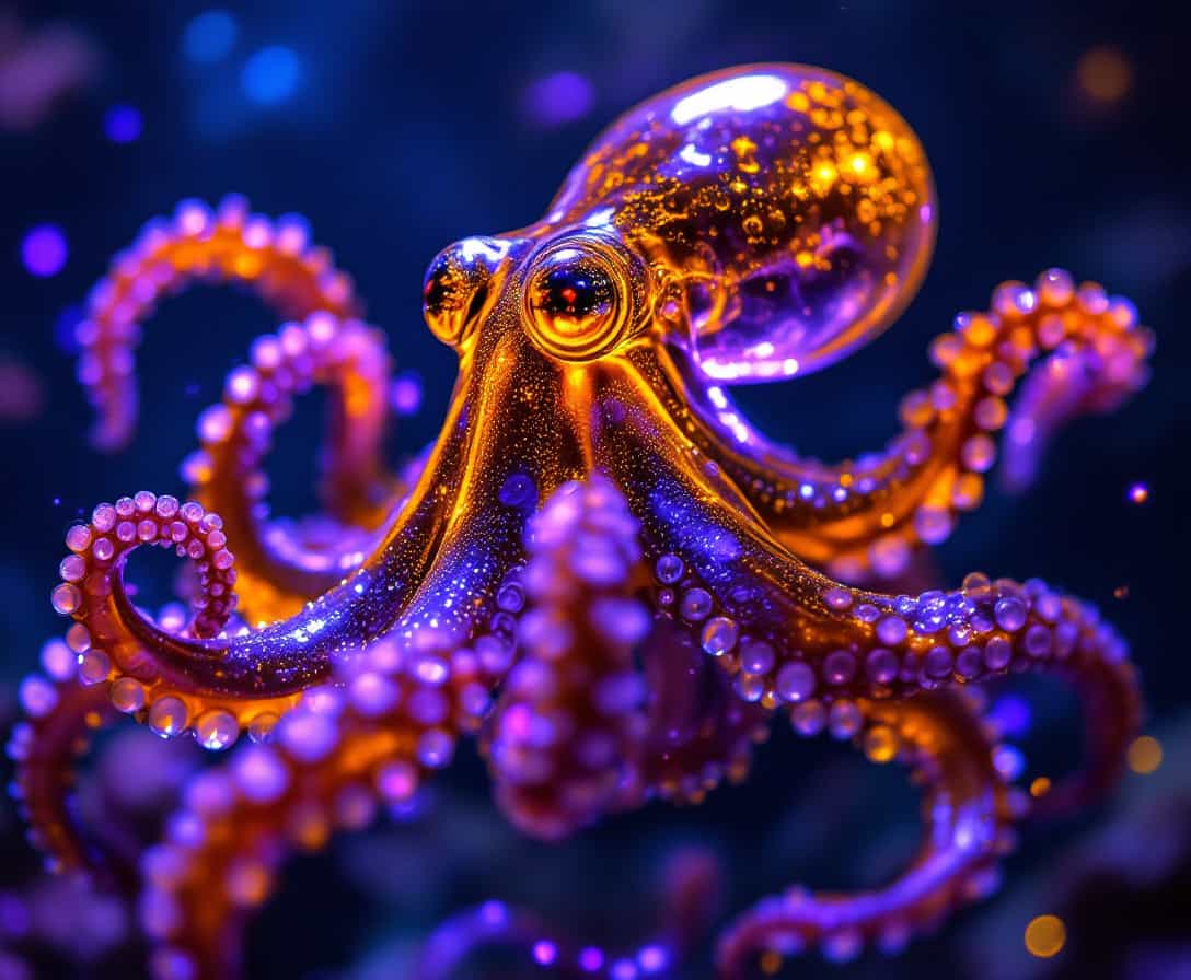 transparent golden Martian octopus blinking violet lights, beautiful underwater photography, sun rays, realistic photo
