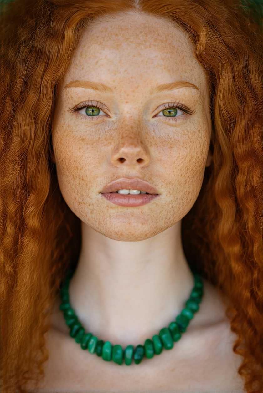 portrait of a redhead woman with beautiful green eyes, freckles, wearing an emerald necklace; photography, portrait photography, 50mm lense, 500px popular, leika photography
