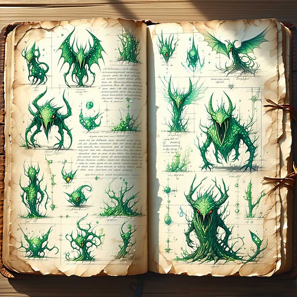 Ancient pages filled with sketches and writings of fantasy beasts, monsters, and plants sprawl across an old, weathered journal. The faded dark green ink tells tales of magical adventures, while the high-resolution drawings detail each creature’s intricate characteristics. Sunlight peeks through a nearby window, illuminating the pages and revealing their timeworn charm.
