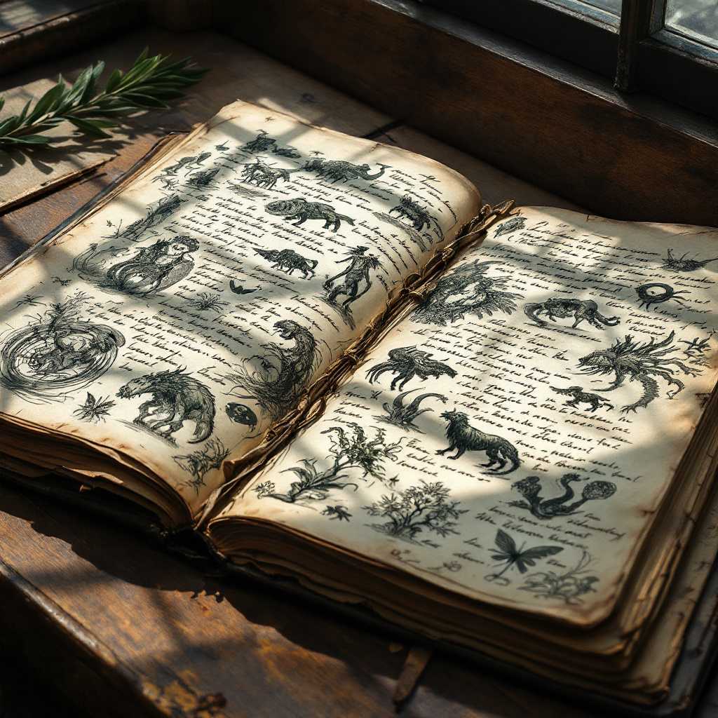 Ancient pages filled with sketches and writings of fantasy beasts, monsters, and plants sprawl across an old, weathered journal. The faded dark green ink tells tales of magical adventures, while the high-resolution drawings detail each creature’s intricate characteristics. Sunlight peeks through a nearby window, illuminating the pages and revealing their timeworn charm.
