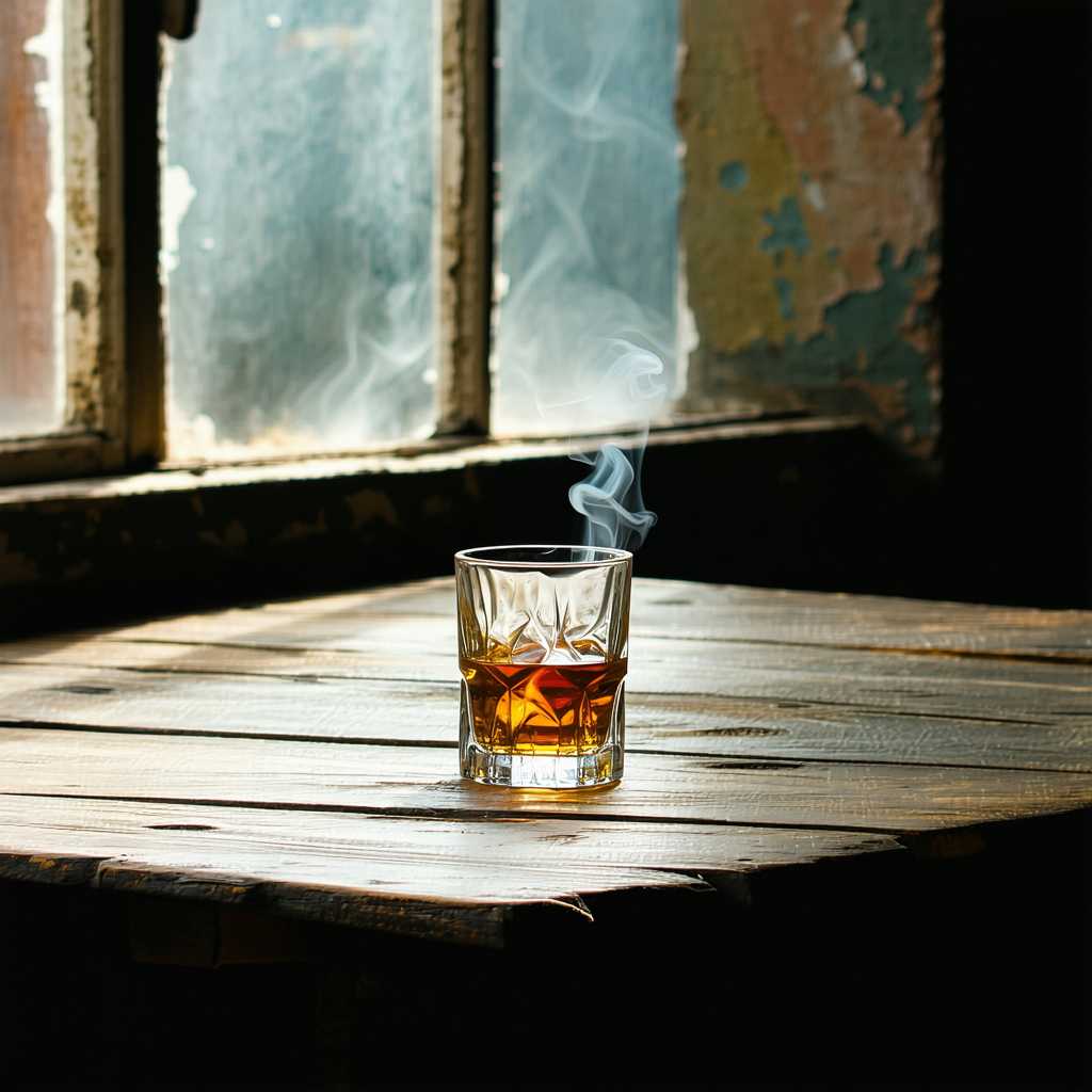 old wooden table, a shot of whiskey stands on the table, dirty window in the background, dim light, cigarette smoke
