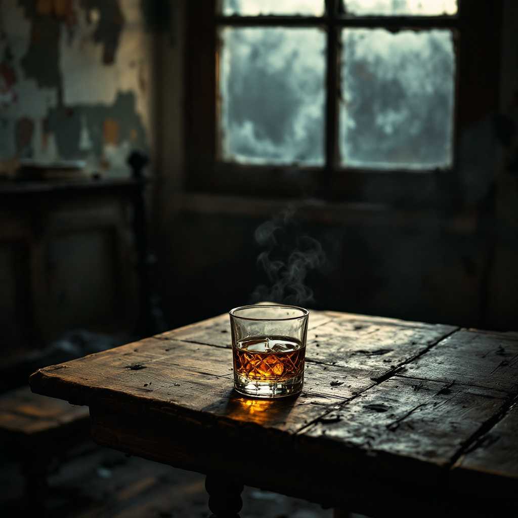 Whiskey Glass on Wooden Table Moody Atmosphere with Smoke and Light