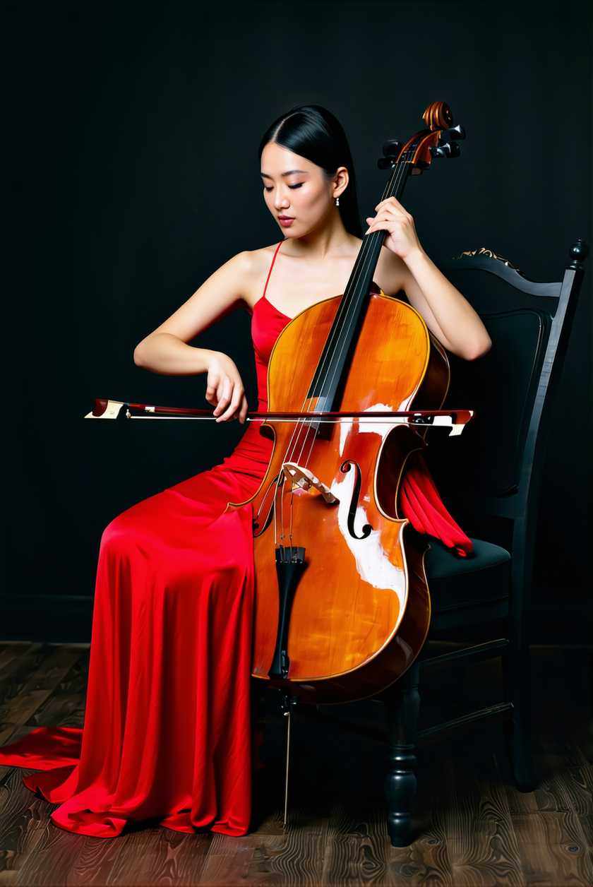 woman in the red dress playing cello
