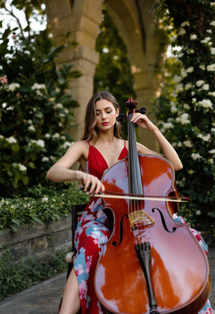 woman in the red dress playing cello
