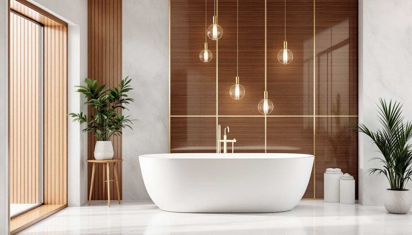 this luxurious bathroom features a modern freestanding bathtub in a crisp white finish. the tub sits against a wooden accent wall with glass-like panels, creating a serene and relaxing ambiance. three pendant light fixtures hang above the tub, adding a touch of sophistication. a large window with a wooden panel provides natural light, while a potted plant adds a touch of greenery. the freestanding bathtub stands out as a statement piece in this contemporary bathroom.
