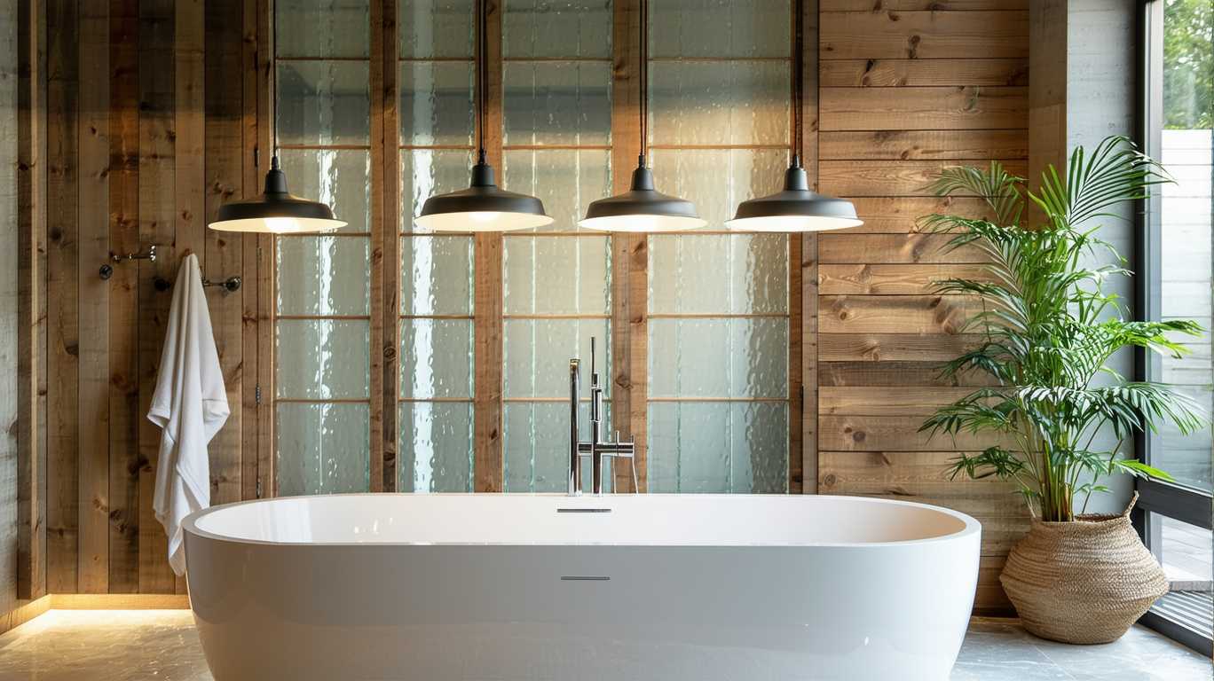 Modern Bathroom with Wooden Walls and White Bathtub
