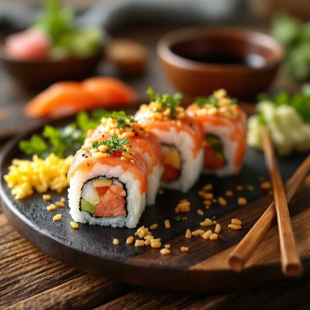 A close-up advertising shot of a beautiful sushi-set on the wooden table
