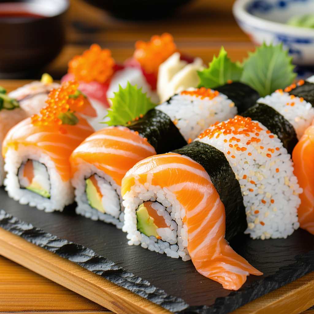 A close-up advertising shot of a beautiful sushi-set on the wooden table

