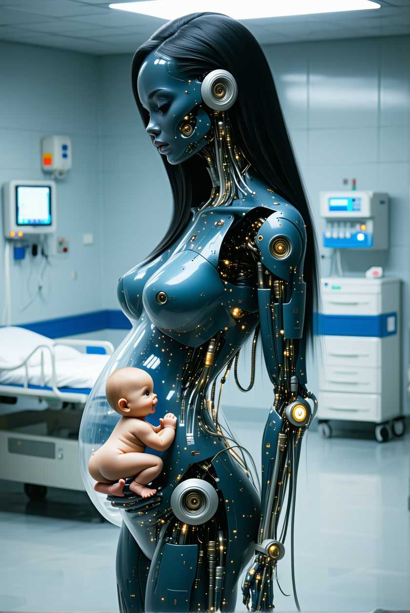 A hyperrealistic 3D image of a cyborg woman with a transparent belly, revealing a three-month-old baby gestating inside her. The woman has metal parts and wires attached to her body. She is wearing a hospital gown. The background is a sterile medical room with a light overhead.