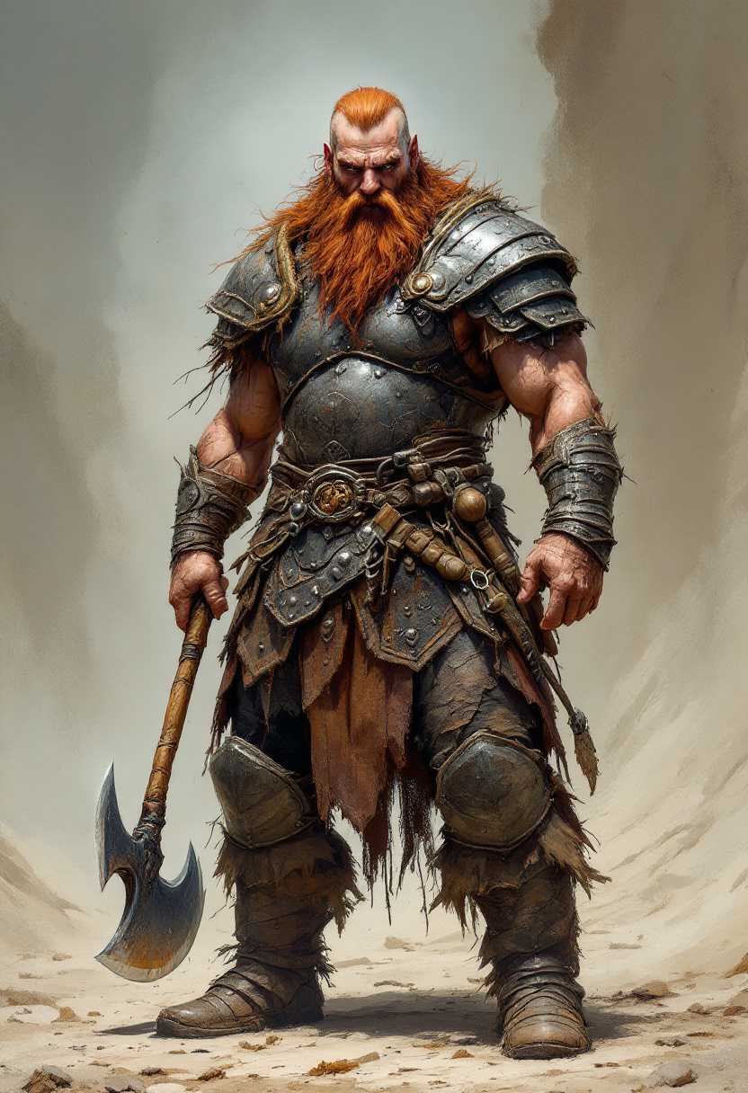 A rugged barbarian king with a fiery red beard, clad in worn and battered crudely crafted steel armor, stands proudly in a heroic pose, showcasing his muscular physique and imposing presence. He grasps a mighty battle-axe, its worn wooden handle a testament to his battle-hardened experience. The full-body image, possibly a strikingly realistic painting, showcases every texture and feature of the warrior with stunning clarity, from his weather-beaten face to his worn boots, highlighting his dominance and authority.