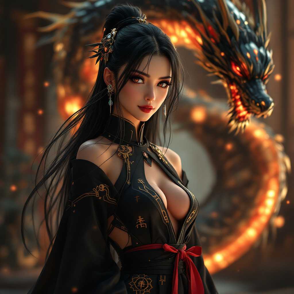 Fantasy Art Elegant Female Character with Dragon in Background