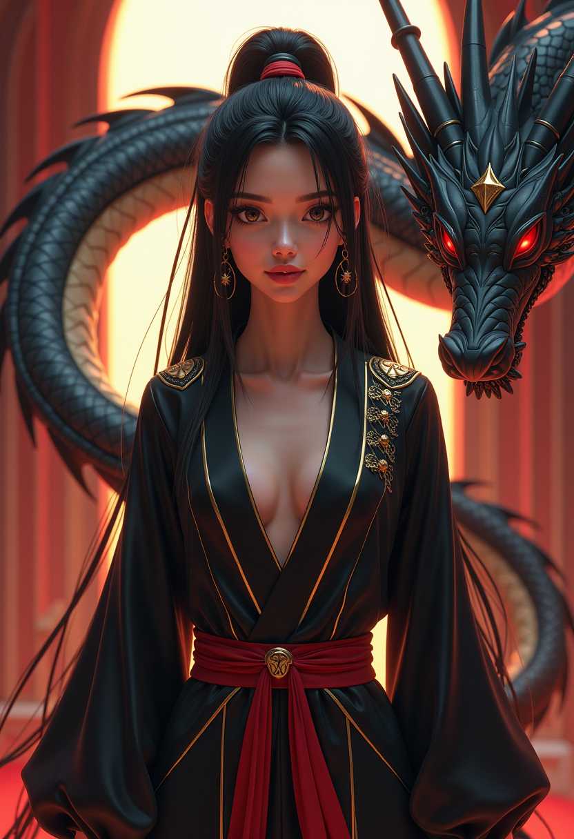Imagine a powerful, elegant animated character with long, layered dark hair adorned with an advanced UI accessories. playful body manipulations, divine proportion, non-douche smile, gaze into the camera, holographic shimmer, She wears a futuristic yet simple black outfit with gold and red symbolic patterns, featuring a wide neckline and a cinched waist tied with a red obi belt. Accompanying her is a majestic mech-dragon swirling around, its scales detailed and its expression fierce. The setting is an opulent room with soft, warm lighting that creates a dramatic atmosphere, highlighting the intricate details of the mech-dragon and the woman's cybernetic attire. long exposure, whimsical lighting, enchanted ambiance, soft textures, imaginative artwork, silent Luminescence, whispering Silent, vibrant background, iridescent Encounter, by Skyrn99, full body, (((rule of thirds))), high quality, high detail, high resolution, (bokeh:2), backlight, long exposure:2
