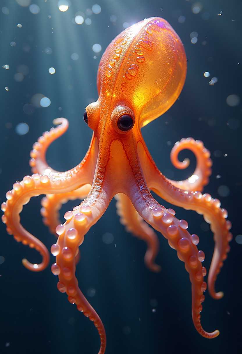 Vivid Orange Octopus Underwater with Sunlight Reflection