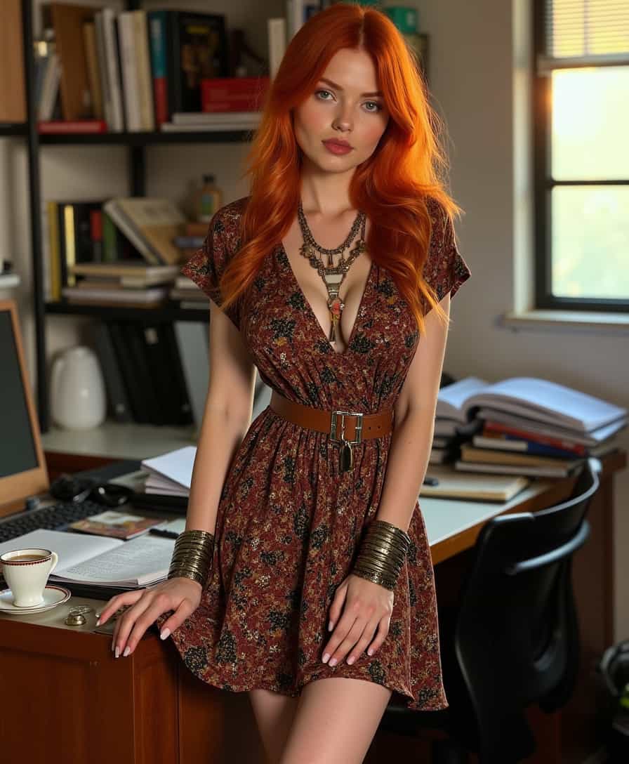 Amidst the disarray of a cluttered office, where papers are strewn and books are stacked in a haphazard manner, stands a redheaded bohemian beauty who commands attention. Her fiery red hair tumbles in wild, untamed waves, creating a striking halo effect as it catches the ambient light. Her vivid green eyes, accentuated by a touch of earthy eyeliner, stand out against her freckled skin, adding to her natural allure. She exudes an effortless charm, her sun-kissed glow enhancing her striking features. Her attire is a perfect blend of eclectic and vintage styles; a short, paisley-patterned dress in rich, earthy tones skims her thighs, accentuating her shapely legs. The dress is cinched at the waist with a wide, braided leather belt, highlighting her hourglass figure. Layers of beaded necklaces and bracelets jingle softly with her movements, adding a whimsical touch to her ensemble. The dress's plunging neckline tastefully reveals a hint of cleavage, while its short sleeves flutter gently, echoing her free-spirited nature. With a playful and confident gesture, she lifts the hem of her skirt slightly, revealing a glimpse of her toned thigh, adding an element of flirtatious intrigue to the scene. She stands amidst the chaos, her posture relaxed yet confident, as she leans casually against a cluttered desk, one hand resting on a stack of papers, the other holding a steaming cup of herbal tea. The warm, golden light streaming through a nearby window bathes the scene in a soft glow, highlighting the rich textures of her attire and the vibrant hues of her hair. This photograph captures the essence of bohemian elegance amidst the chaos, a testament to the beauty of individuality and creativity in an otherwise mundane setting.