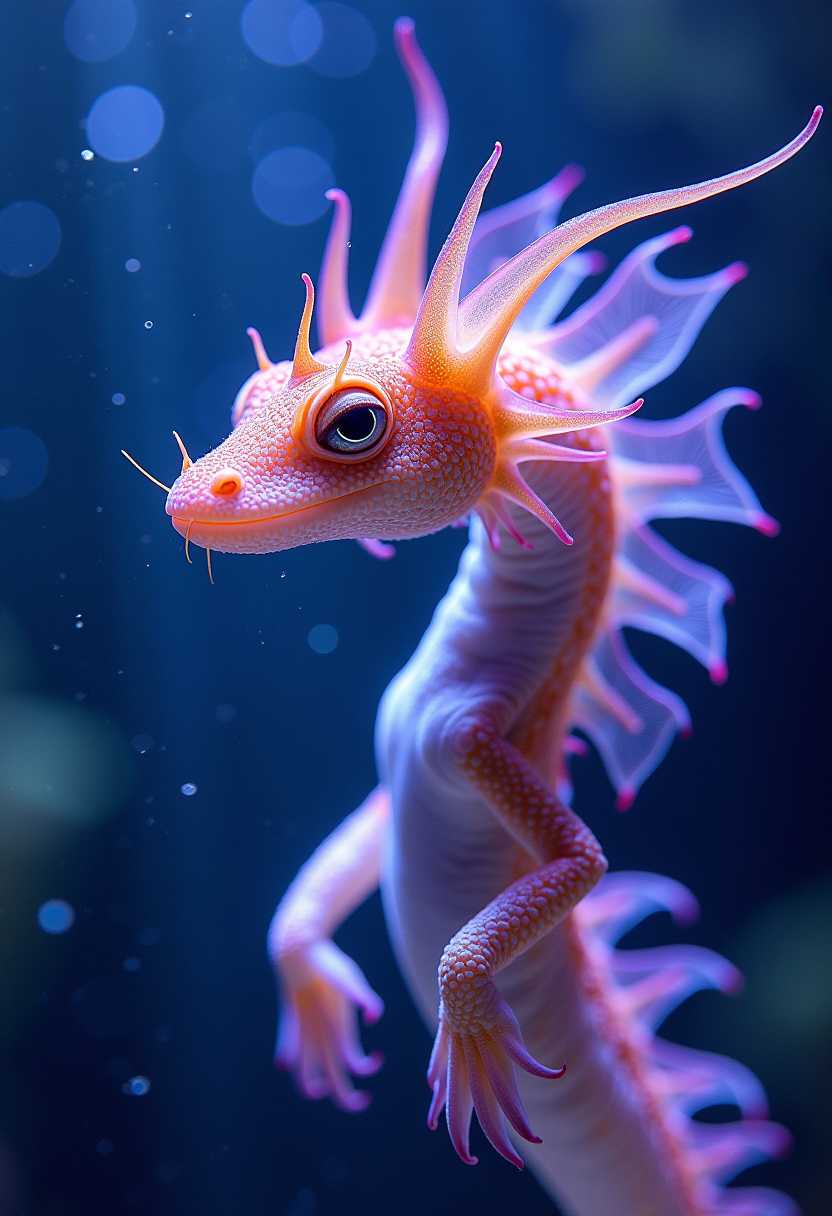 transparent leafy sea dragon, blinking violet lights, beautiful underwater photography, sun rays, realistic photo
