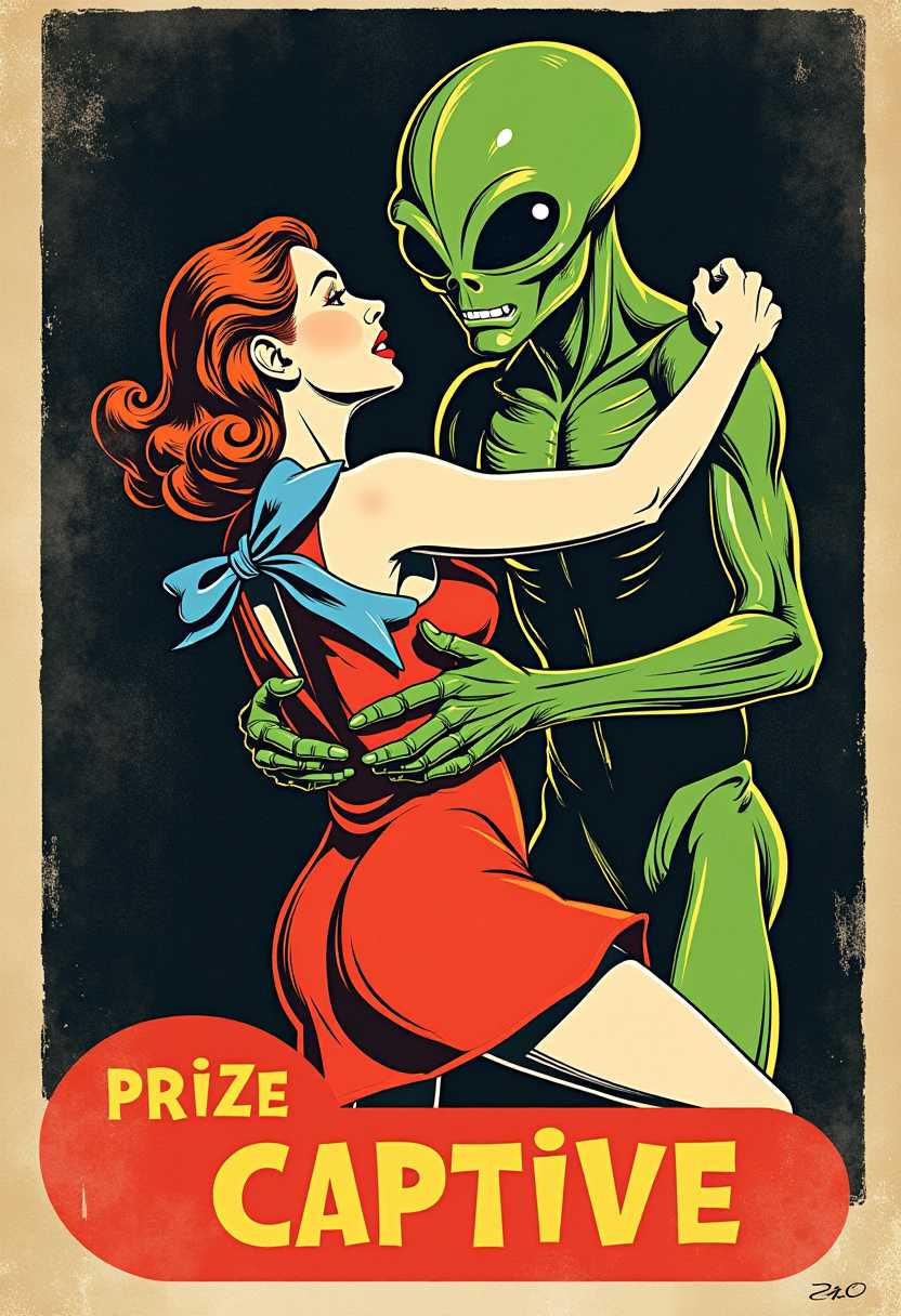 This image is a stylized illustration that appears to be in a comic book or pop art genre. The medium seems to be a digital or traditional print with a vintage or retro aesthetic, given the texture and color palette.The art style is reminiscent of mid20th century American comic books, with a nod to pulp fiction covers. The illustration is in black and white with a sepia tone, which gives it a nostalgic and somewhat eerie feel. The use of halftone dots and stippling is evident, which is characteristic of this style.The colors are limited, primarily consisting of black, white, and shades of red and orange. The human figure is clad in a red dress with a blue bow at the collar, which stands out against the dark background. The cartoon alien creature has a greenishblue skin tone and wears a spacesuit,  which is a common trope in science fiction imagery of the time.The objects in the image are quite limited, focusing primarily on the human figure and the alien creature. The human figure is posed in a dynamic, defensive stance, with one arm raised and the other clutching at the creatures arm. The creature, which appears to be wearing a tightfitting green suit, is holding the human figure close, with its eyes wide open. The creatures suit has a textured, ribbed appearance, which adds to the menacing feel of the image.At the bottom of the card, there is a red oval with the words PRIZE CAPTIVE in bold, yellow font. The overall feel of the image is one of suspense and horror, typical of the science fiction genre of the time.