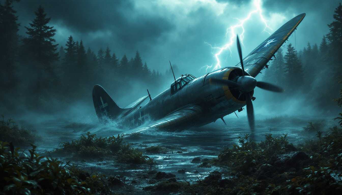 A World War II plane submerged by forest vegetation. stormy weather with lightning. Cupid atmosphere with dark colors