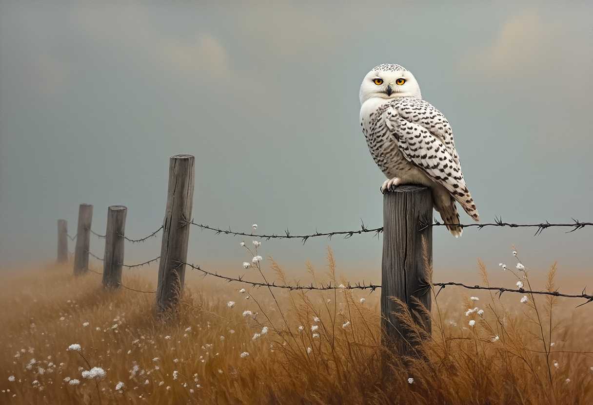 Owl Perched on Barbed Wire Fence in Field with Tall Grass and White Flowers