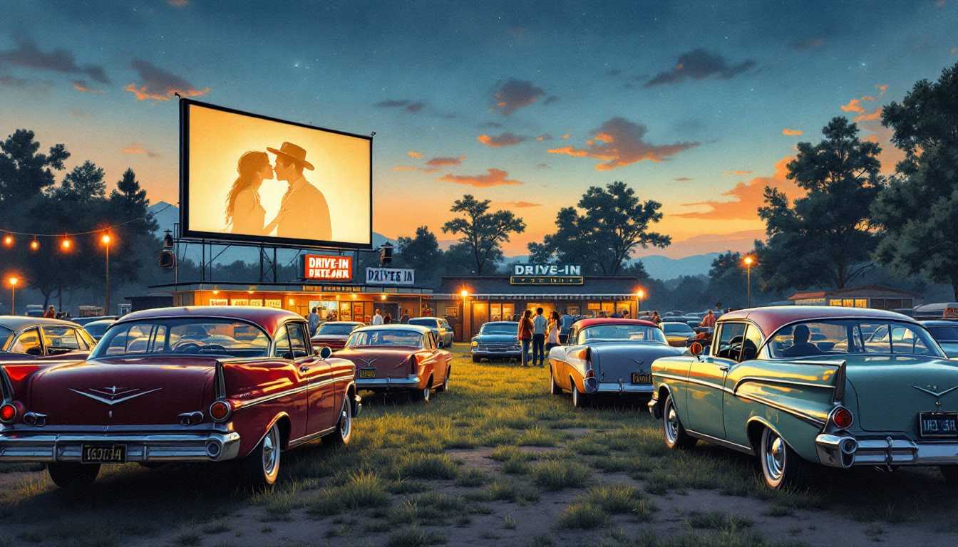 Create a hyperrealistic 3D acrylic ink watercolor illustration of a 60's drive-in theater at night with vintage cars facing the screen, each car having its own unique details, speakers on car windows, a concession stand, lights around the area, a young couple kissing in one car, and a western movie playing on the outdoor screen. The artwork should have intricate details, bright colors, and capture the essence of the era. Include classic drive-in speakers hanging from the car windows.