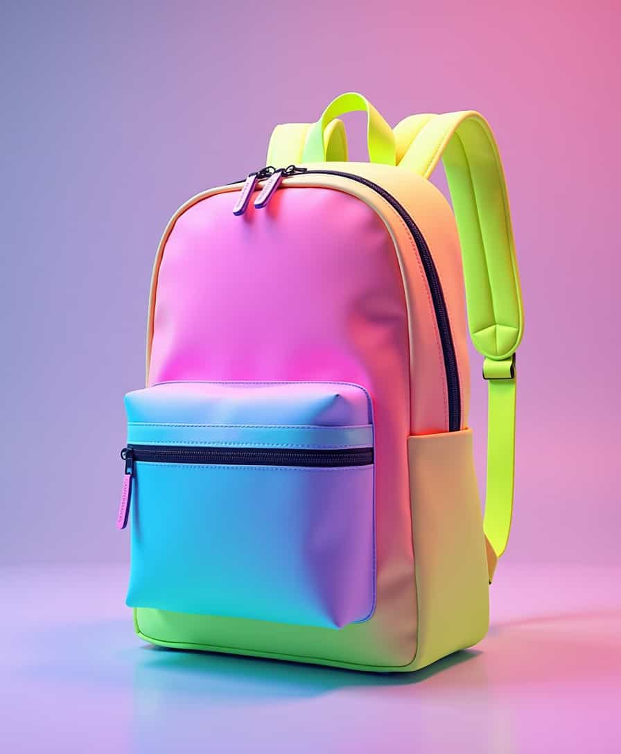 Design a 4K high-detail backpack with a neon gradient aesthetic, displayed at a 45-degree angle. The main body of the backpack features a smooth, seamless gradient that transitions from bright pink at the bottom to vibrant lime green at the top, inspired by the youthful, modern glow of neon lights. The front pocket has a similar gradient pattern but shifts between aqua blue and soft lavender, creating a contrasting yet harmonious look. The zipper is a sleek, matte black, with zipper pulls made of translucent plastic that softly reflect light. The backpack straps are neon yellow, adding a bold, complementary touch. The material is smooth, semi-matte, giving the bag a high-end feel with a subtle shine under lighting. The 45-degree angle view highlights the gradient transitions and the clean, minimalist design, with soft lighting casting gentle shadows on the curved surfaces."