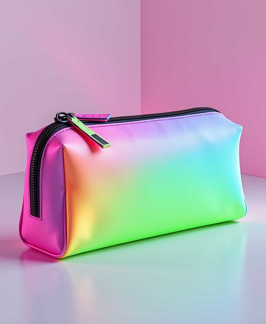 Design a 4K, high-detail pencil case with a vibrant neon gradient aesthetic, displayed at a 45-degree angle. The front panel features a seamless gradient transition from neon pink at the bottom to bright lime green at the top, creating a bold and modern look. The zipper is matte black with translucent pink and green pulls to match the gradient. The back panel shifts from soft lavender to aqua blue, providing a contrasting gradient on the opposite side. The pencil case is made from smooth, semi-matte material that reflects a soft light, emphasizing the vibrant gradient without being too reflective. At a 45-degree angle, the light catches the zipper pulls and the smooth surface of the pencil case, making the gradient colors pop with subtle shadows adding depth