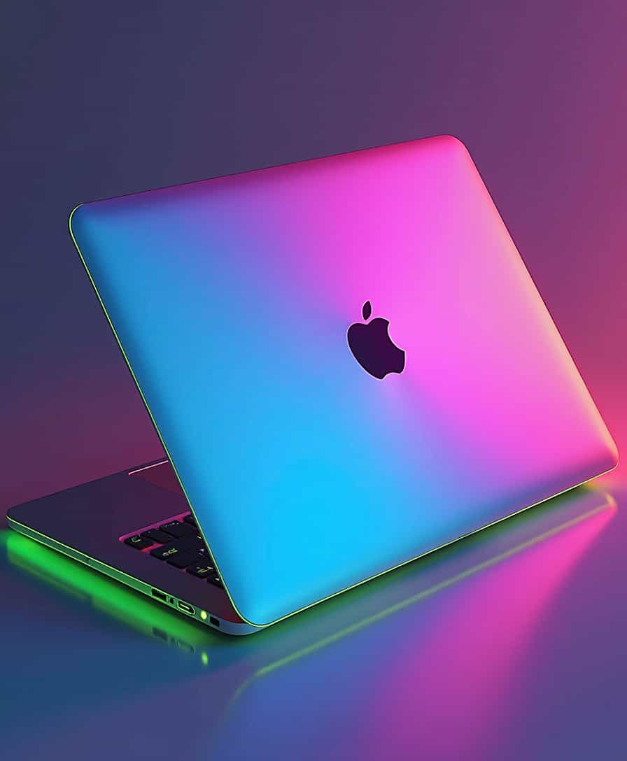Design a 4K, high-detail MacBook case with a vibrant neon gradient theme, shown at a 45-degree angle. The top cover of the case features a smooth gradient transitioning from neon pink at the bottom to electric blue at the top, creating a bold, modern look. The Apple logo at the center is a glossy silver, subtly reflecting light against the vibrant gradient. The edges of the case are accented with a fluorescent lime green trim, providing a sharp contrast to the primary gradient. The material is a semi-glossy plastic, designed to catch light and subtly reflect the gradient colors. The 45-degree angle highlights the smooth transitions between the neon hues, with light and shadows playing across the sleek surface, emphasizing both the colors and the refined finish.