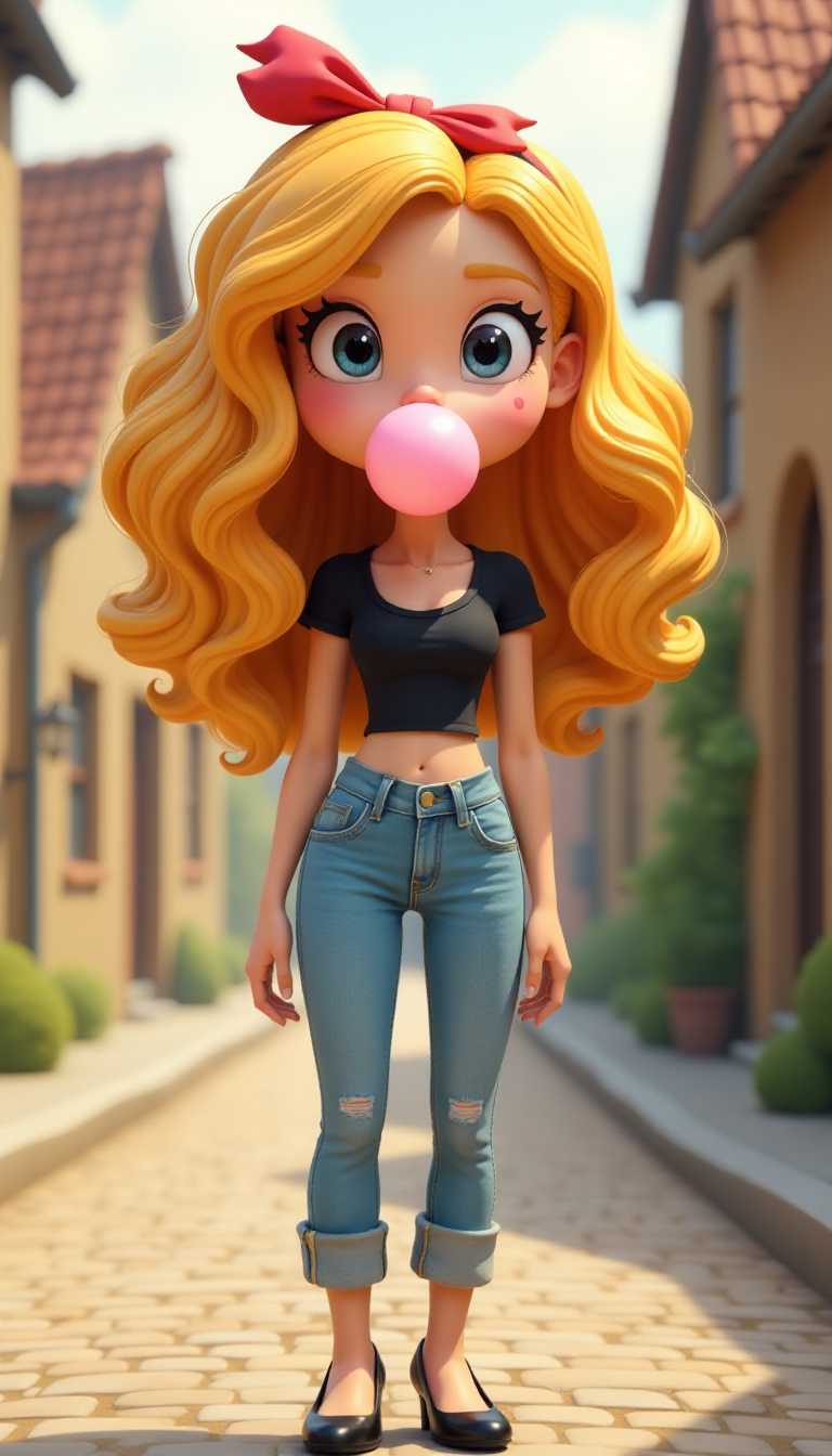 This image features simplified 3D shapes and 3D cartoon figures characterized by bold outlines, flat colors, and exaggerated shapes. The character has voluminous, curly blonde hair that cascades down her back and shoulders. She is wearing a red headband tied in a bow, which adds a pop of color to her blonde locks. Her eyes are large and expressive, with long lashes and a hint of mischief in them. A mole is visible on her left cheek, and she has a small mole on her chin.She is dressed in a black, fitted top with a low neckline and short sleeves. The top is tucked into light blue, skinny jeans that are rolled up at the ankle, revealing a hint of skin. The jeans have a faded wash, giving them a wornin look. She is wearing black highheeled shoes with a modest heel, which complements her outfit without overpowering it.The character is blowing a large bubblegum bubble with her mouth, which adds a whimsical element to the image. The bubble is a soft pink color, and its positioned just above her chin, giving the impression that shes midblow.The background of the image is a blurred village scene with quaint cottages and cobbled streets.
