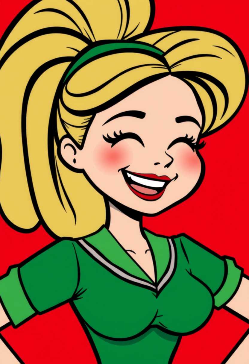 This image features simplified 3D shapes and 3D cartoon figures characterized by bold outlines, flat colors, and exaggerated shapes. The colors are limited, with a primary palette of black, white, and shades of green, creating a pop art vibe.The figure is depicted with exaggerated features, such as a large head with a voluminous blonde hairstyle, which is styled in a bouffant fashion with a green headband. The hair cascades down the figures back. The figures mouth is open in a wide smile, conveying a sense of joy or laughter.She is wearing a green top with a high neckline and a collar that is reminiscent of a sailorstyle collar. The top has a fitted bodice with a small waist, and the sleeves are short with a cuff design.  Plain red background