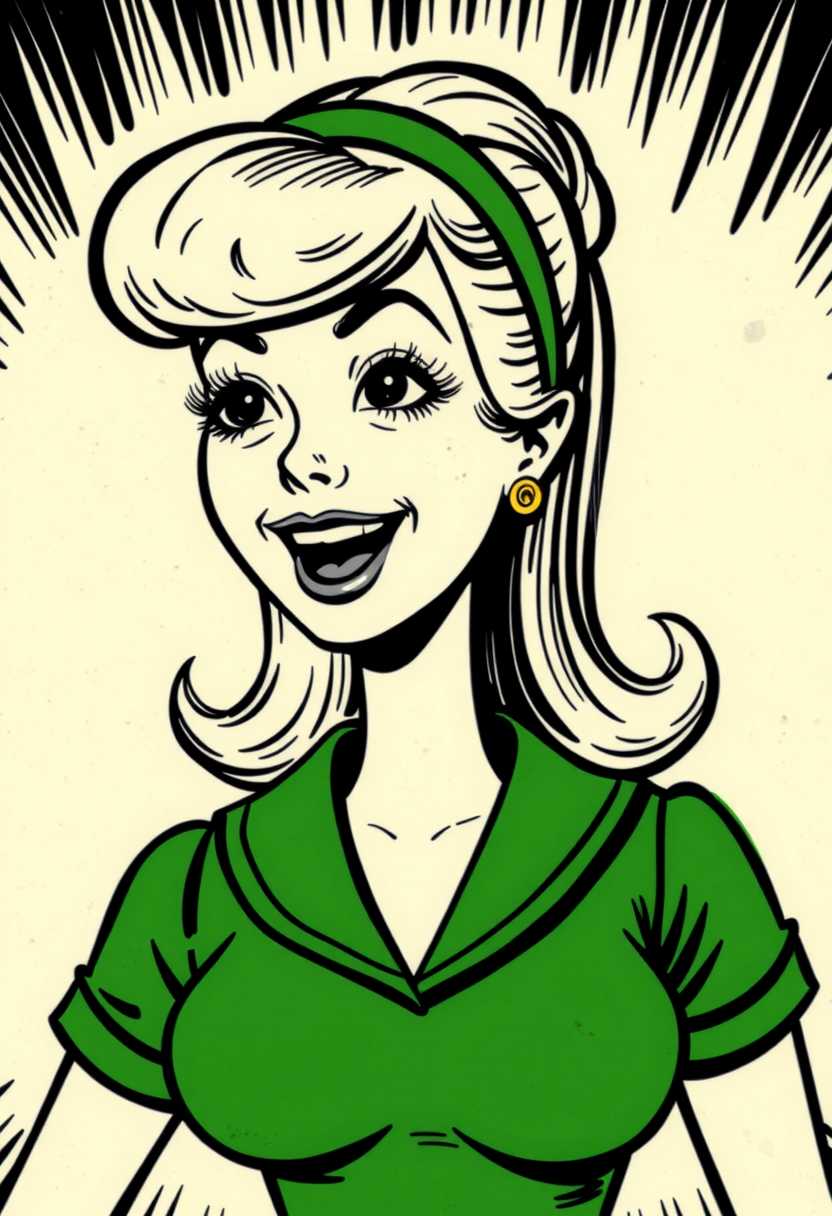 This image is a vintage comic strip panel. The art style is reminiscent of early 20thcentury American comic strips, with bold lines and simple shading. The medium appears to be ink on paper, given the texture and the way the ink bleeds through the paper in some areas.This image features simplified 3D shapes and 3D cartoon figures characterized by bold outlines, flat colors, and exaggerated shapes. The colors are limited, with a primary palette of black, white, and shades of green, creating a pop art vibe.The figure is depicted with exaggerated features, such as a large head with a voluminous blonde hairstyle, which is styled in a bouffant fashion with a green headband. The hair cascades down the figures back. The figures eyes are open and her mouth is open in a wide smile, conveying a sense of joy or laughter.She is wearing a green top with a high neckline and a collar that is reminiscent of a sailorstyle collar. The top has a fitted bodice with a small waist, and the sleeves are short with a cuff design.  Plain red background