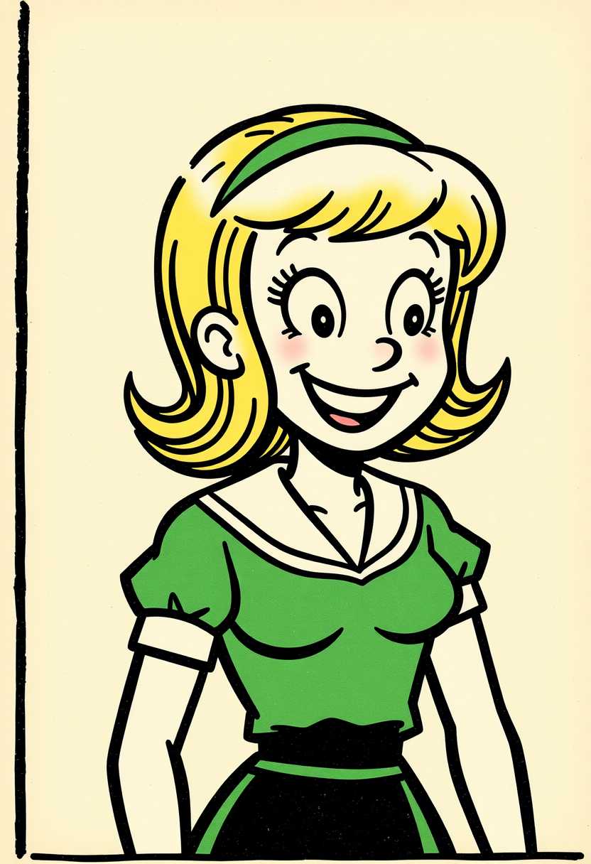 This image is a vintage comic strip panel. The art style is reminiscent of early 20thcentury American comic strips, with bold lines and simple shading. The medium appears to be ink on paper, given the texture and the way the ink bleeds through the paper in some areas.This image features simplified 3D shapes and 3D cartoon figures characterized by bold outlines, flat colors, and exaggerated shapes. The colors are limited, with a primary palette of black, white, and shades of green, creating a pop art vibe.The figure is depicted with exaggerated features, such as a large head with a voluminous blonde hairstyle, which is styled in a bouffant fashion with a green headband. The hair cascades down the figures back. The figures eyes are open and her mouth is open in a wide smile, conveying a sense of joy or laughter.She is wearing a green top with a high neckline and a collar that is reminiscent of a sailorstyle collar. The top has a fitted bodice with a small waist, and the sleeves are short with a cuff design.  Plain red background